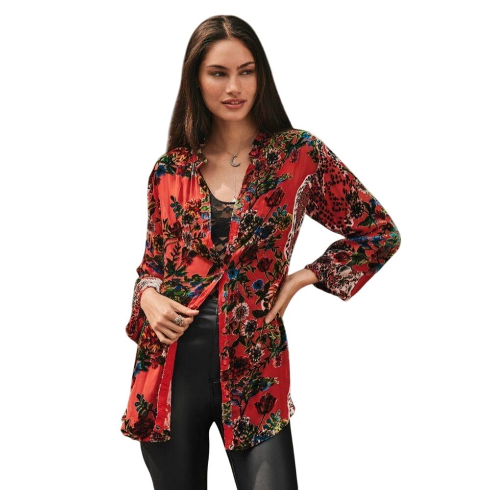 Johnny Was $328 Red Yoella Floral Velvet Burnout Shirt Top Size XS